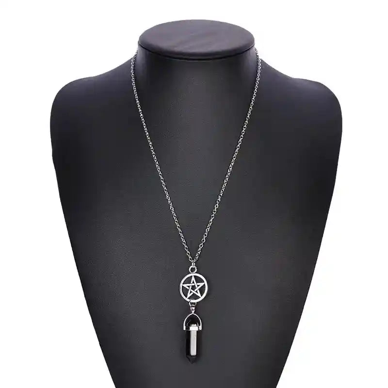 Pentagram pendant necklace with crystal drop — sacred geometry mystical jewelry at Pedlar's Attic