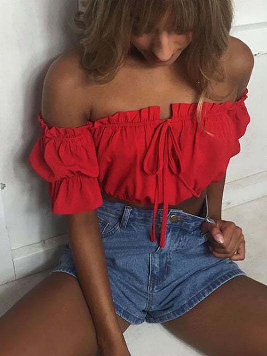 Sun & Spell ruched lantern sleeve strapless crop top in red, black and white — Fiery Enchantress collection at Pedlar's Attic