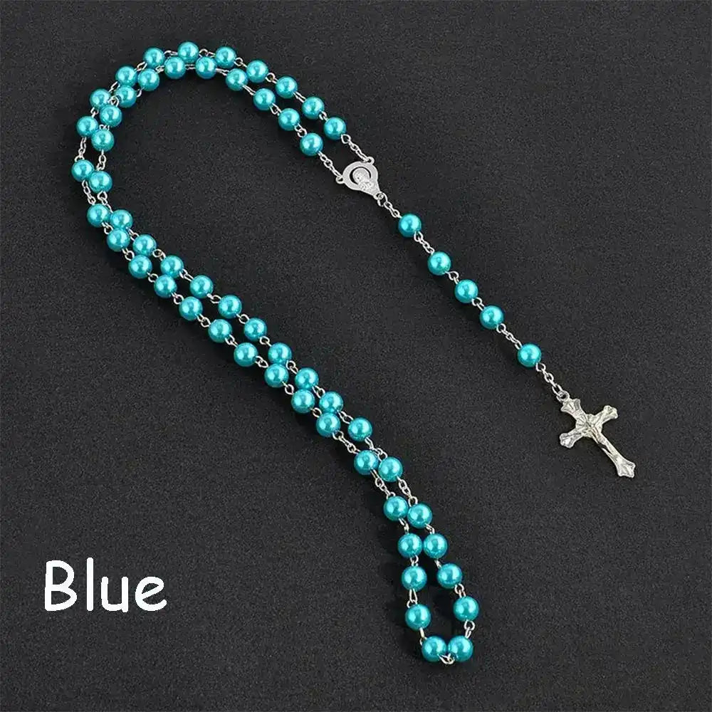 Vintage rosary bead cross necklace with Virgin Mary pendant — sacred jewelry at Pedlar's Attic