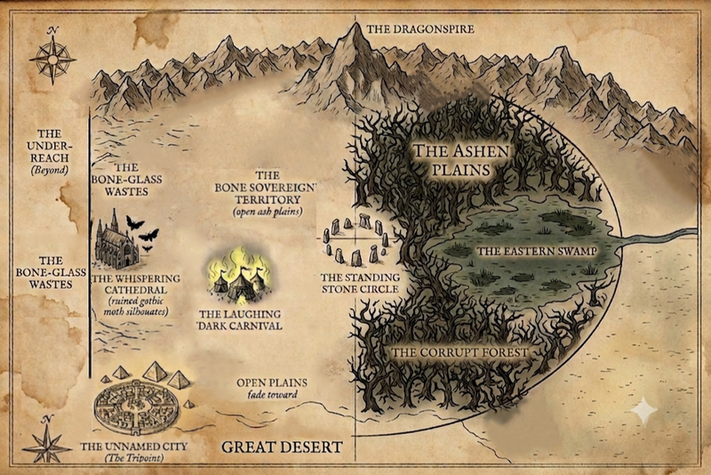 The Ashen Plains — fantasy world map and canon geography index for the Hearthside Annex | Pedlar's Attic