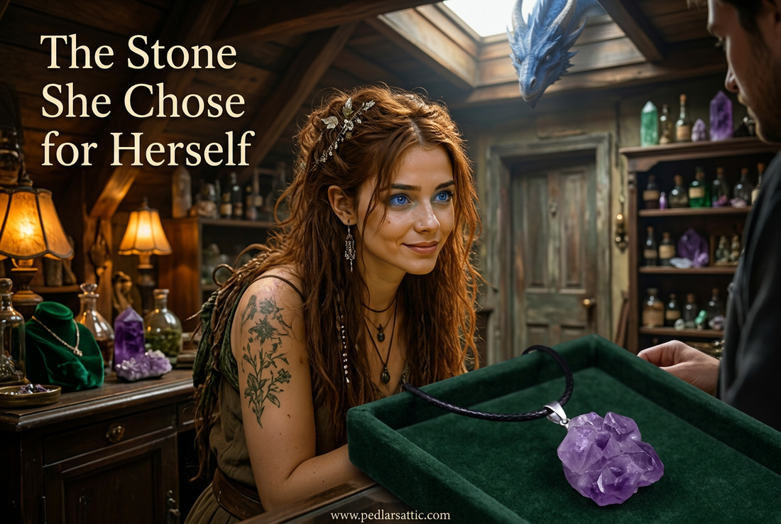 Earth’s Voice amethyst cluster necklace on black cord in the enchanted Attic, with blue-eyed auburn-haired Chelle and Midnight in the background.