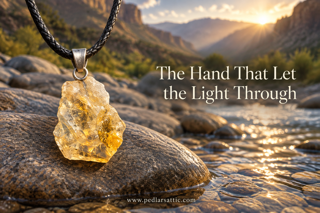 Natural crystal pendant on a river stone beside shallow water in the Becoming Places, with the canyon softly behind it.