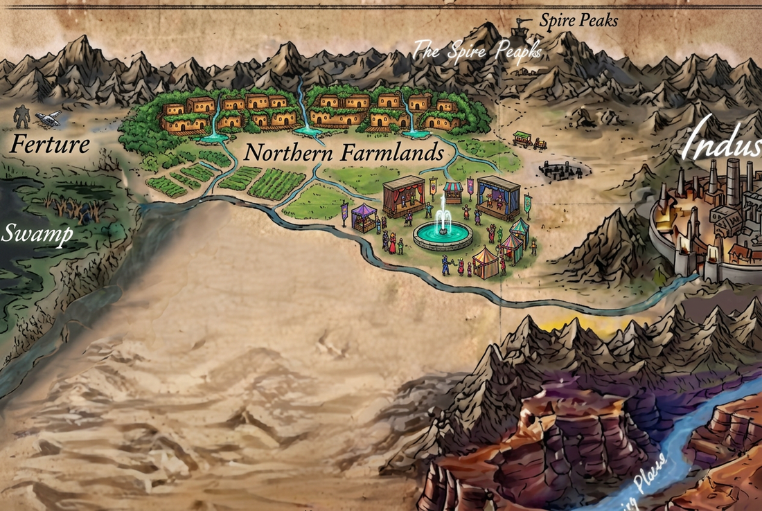 Illustrated Northern Farmlands map showing mountain-wall homes, streams, cultivated fields, a fountain, performance stages, and festival booths north of the river.