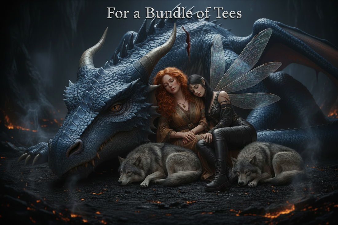 Chelle, Luna, Cinder, Ash, and Midnight resting together in a scorched cavern after an epic battle — Pedlar's Attic fantasy short story illustration