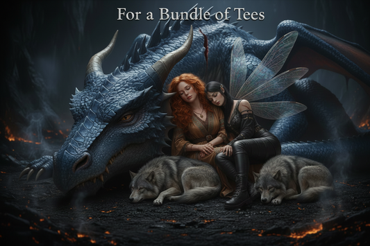 Chelle, Luna, Cinder, Ash, and Midnight resting together in a scorched cavern after an epic battle — Pedlar's Attic fantasy short story illustration