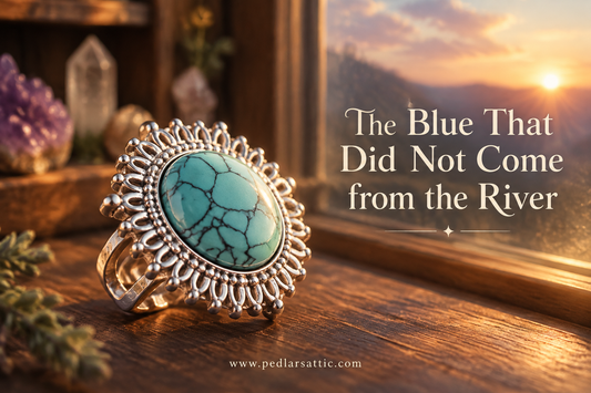 Light blue synthetic turquoise adjustable ring with silver-tone stainless steel band, hero for The Blue That Did Not Come from the River