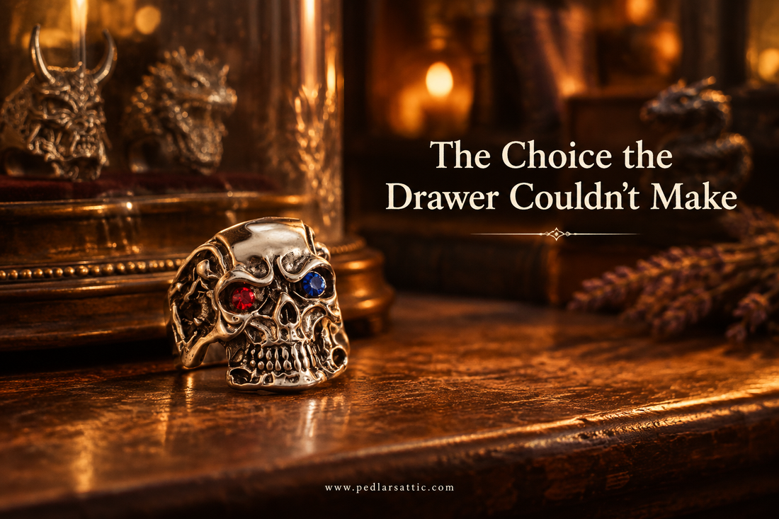 Skull, dragon, and snake adjustable rings from The Drawer Knows in the warm light of Pedlar’s Attic