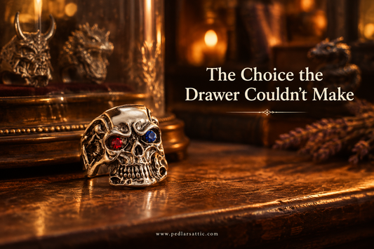 Skull, dragon, and snake adjustable rings from The Drawer Knows in the warm light of Pedlar’s Attic