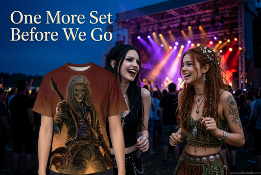 Luna wearing the rust-red Live Dead skeletal rocker graphic tee beside Chelle, enjoying a modern rock festival under colorful stage lights.