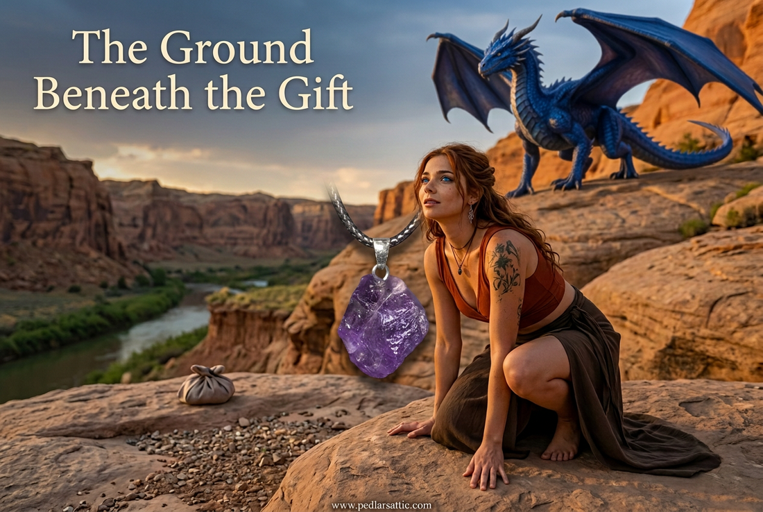Chelle crouches on a rocky riverbank beneath Midnight, a sapphire dragon, beside an enlarged purple amethyst pendant in The Ground Beneath the Gift.