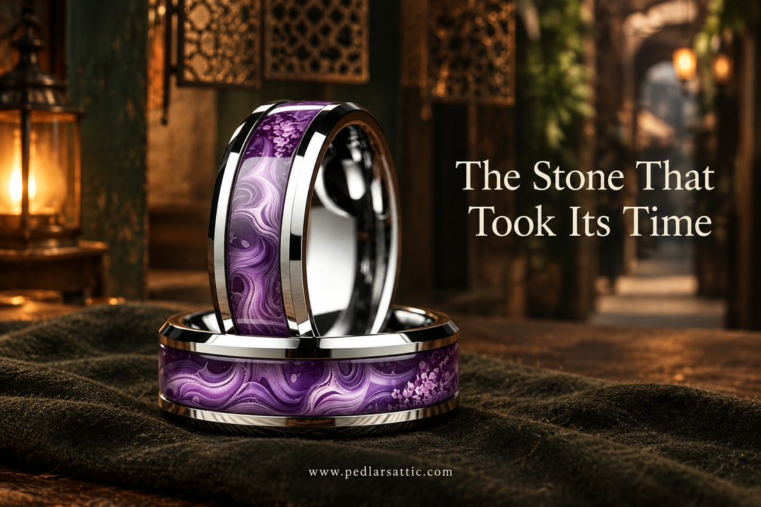 Stone Forge Ring with purple stone inlay on a dark worktable in the lamplit deeper market.