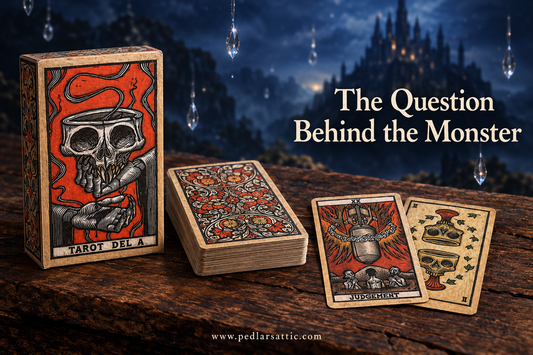 Tarot del A box and illustrated tarot cards on a table beneath an indigo Aether-Reach sky.