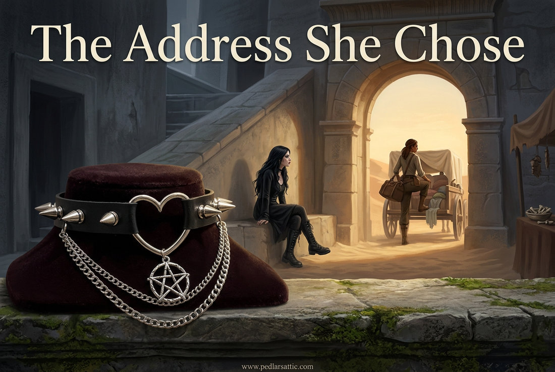 Black Unclaimed Heart choker with silver-tone spikes, heart ring, pentagram and layered chains, with Luna beside Tri-City's desert-side departure arch.