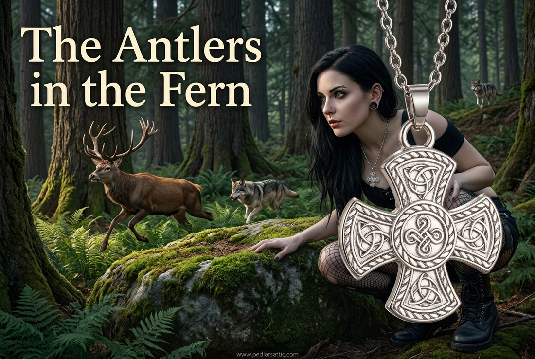 Luna in a cropped black gothic outfit wearing the steel-tone Covenant Knot necklace, with a stag and wolves in Fenrisheim.