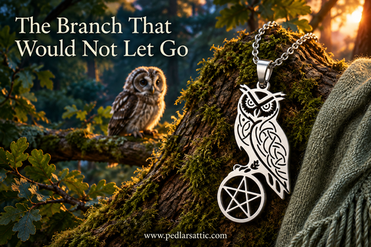 Steel-tone Owl Pentacle necklace on mossy woodland bark beside a sage shawl, with a young owl on a branch in the background.