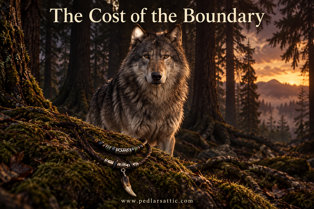 Cinder the grey wolf pack leader stands at the Fenrisheim tree line at dusk, the Wolftooth Braid leather and dogtooth pendant necklace displayed on the mossy roots in the foreground, ancient timber rising behind him