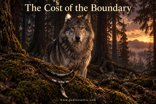 Cinder the grey wolf pack leader stands at the Fenrisheim tree line at dusk, the Wolftooth Braid leather and dogtooth pendant necklace displayed on the mossy roots in the foreground, ancient timber rising behind him