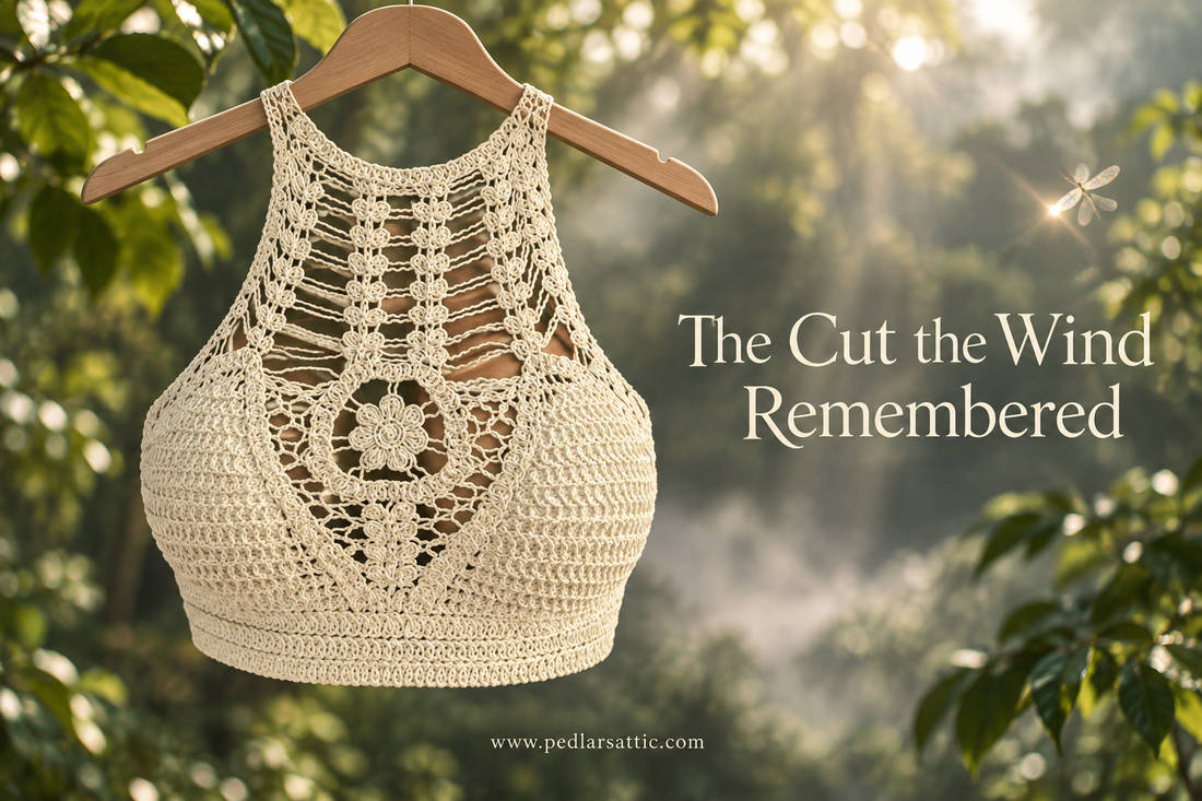 White openwork halter crop top in Hidden Mist Valley forest light, with the leafy canopy softly blurred behind it.