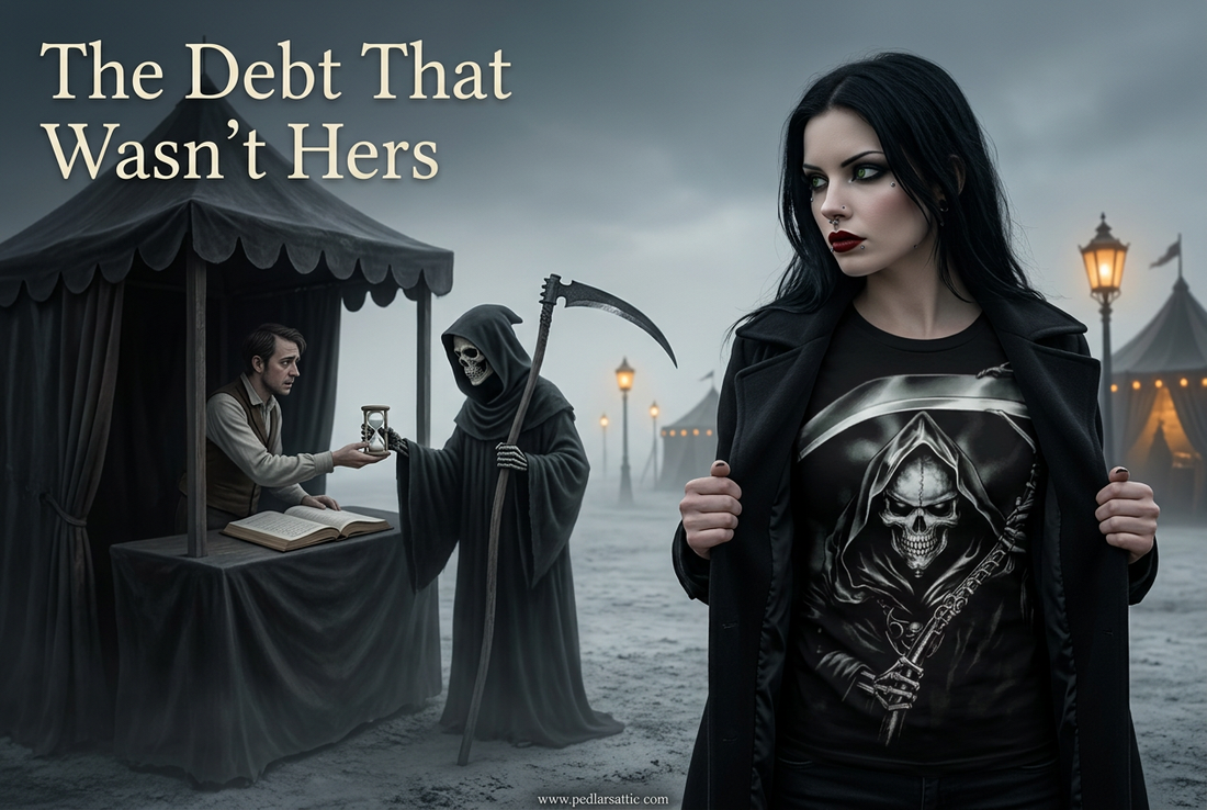 Luna wearing the black Collector hooded-skull and scythe graphic tee near the Ashen Plains carnival, with the Collector’s exchange in the background.