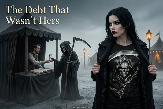 Luna wearing the black Collector hooded-skull and scythe graphic tee near the Ashen Plains carnival, with the Collector’s exchange in the background.