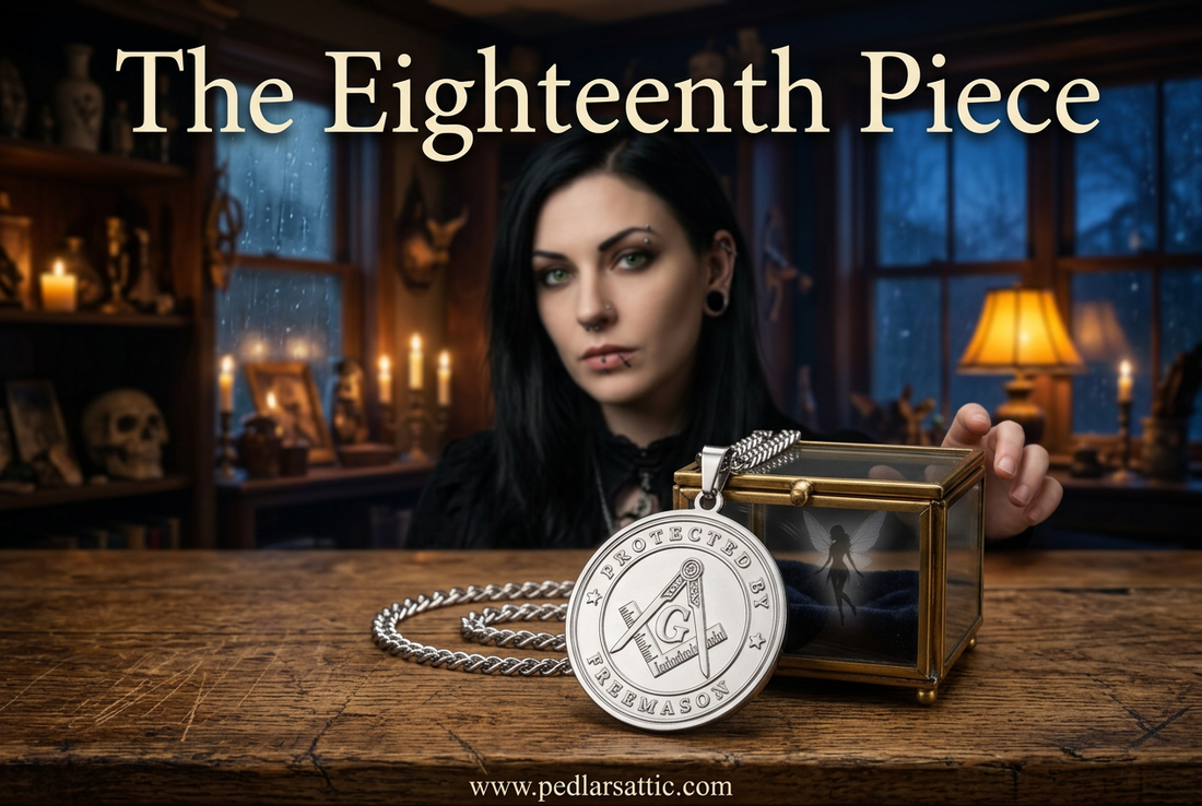 The Warden’s Mark square-and-compasses necklace on the Attic counter beside a mysterious glass box, with Luna watching behind it.