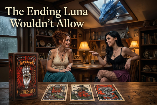 The Ending Luna Wouldn’t Allow story cover featuring the Tarot del A deck and three illustrated cards as Chelle and Luna invent a tale at the Attic table.