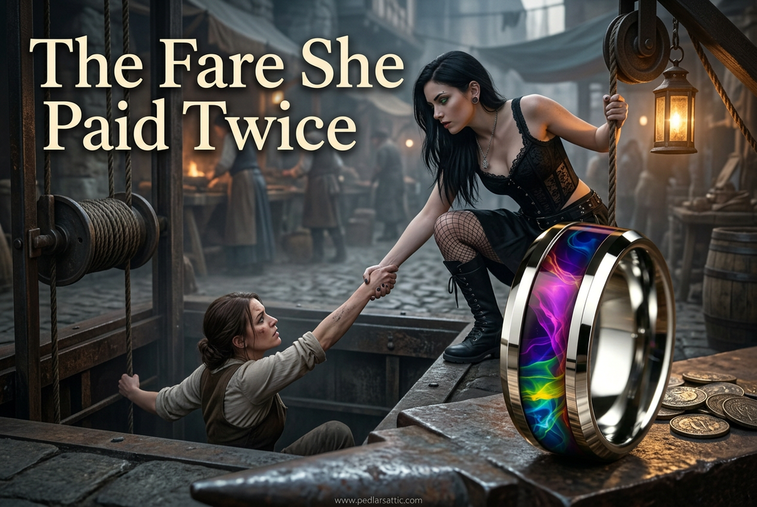The Fare She Paid Twice story cover featuring the Nebula Forge galaxy-inlay stainless steel ring and Luna’s freight-lift rescue in Ironspire.