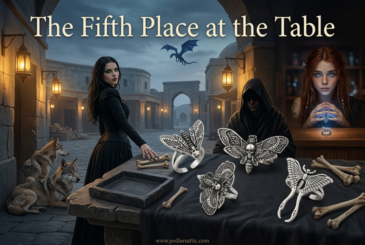 Four silver-tone Duskwing Flight rings beside an empty fifth tray at Tri-City's counting table, with Luna and the wolves nearby.