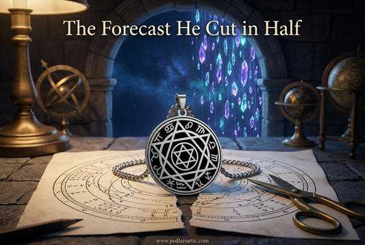 The steel-tone Observatory Seal zodiac necklace lying across a divided weather chart, with crystal rain beyond an Aether-Reach Observatory arch.