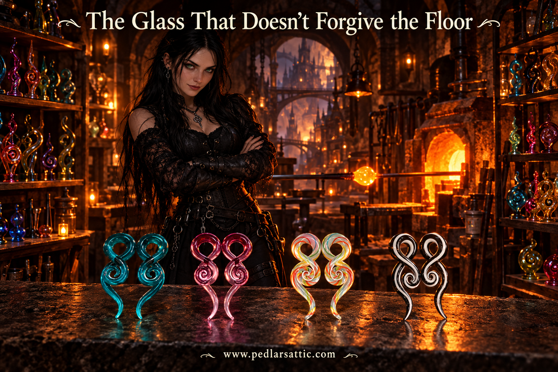 Luna stands in the Ironspire glassblower's workshop, the furnace glowing orange behind her, colorful pyrex glass spiral taper gauges displayed on the stone counter in front of her catching the furnace light