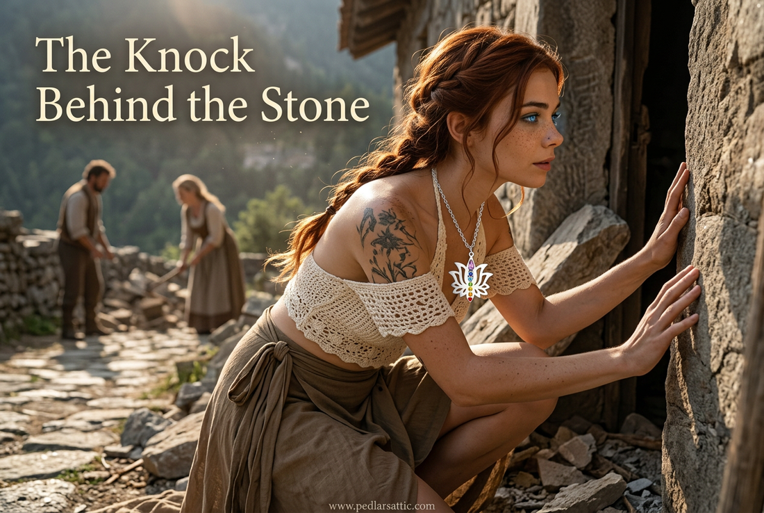Chelle wearing the steel-tone Spire Lotus necklace, pressing her hands against stone beside a blocked workroom doorway in the Spire.