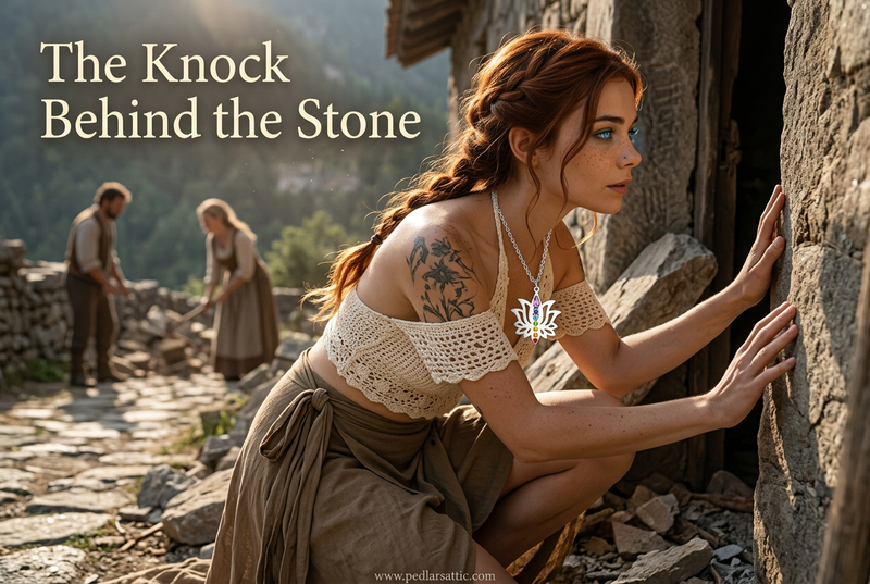 Chelle wearing the steel-tone Spire Lotus necklace, pressing her hands against stone beside a blocked workroom doorway in the Spire.
