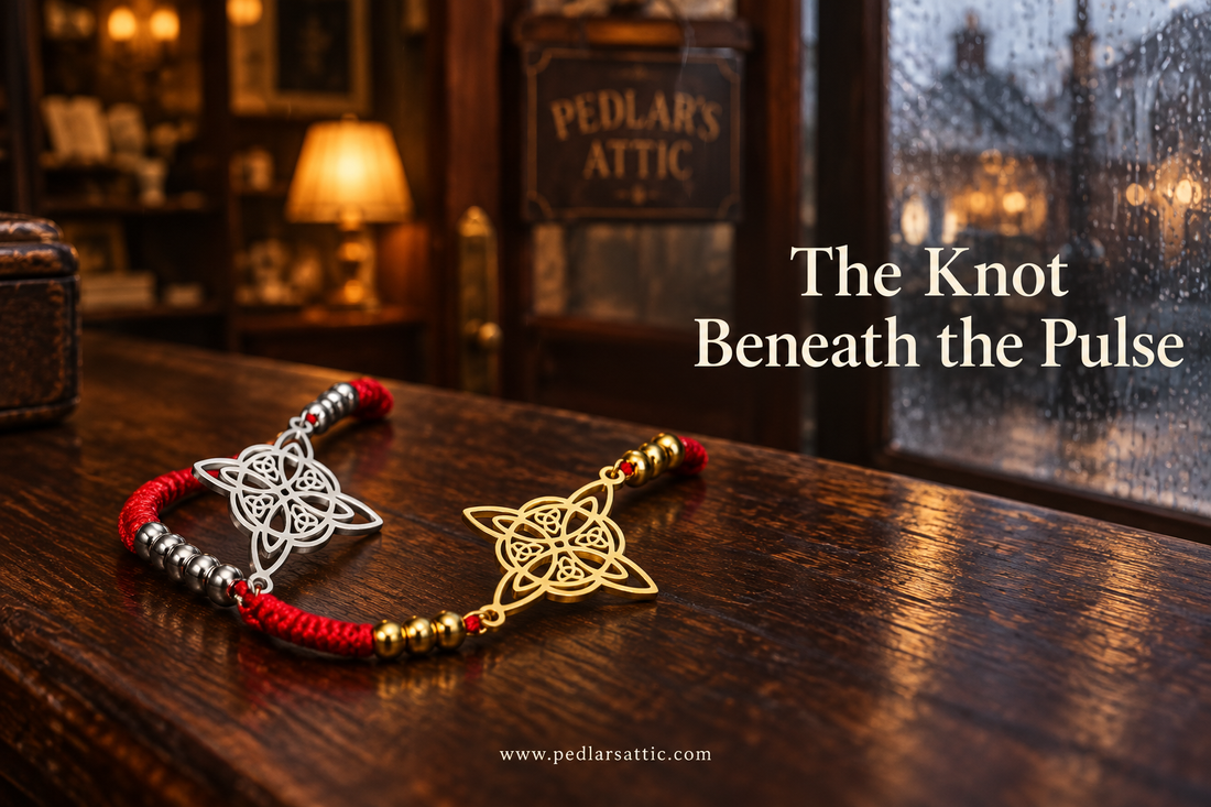 Gold- and silver-tone knot charm bracelets on red wax cord resting on an oak counter, with Pedlar’s Attic’s storm-lit doorway blurred behind.