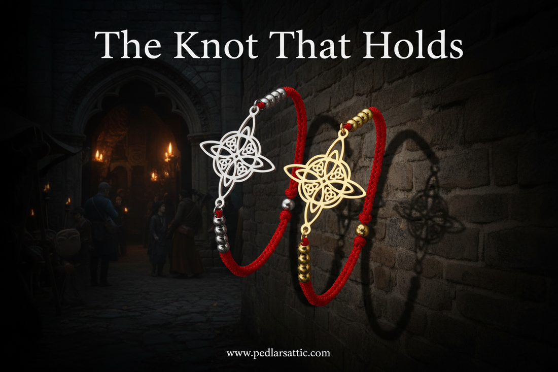 The Amulet Knot — Stainless Steel Celtic Witch's Knot Charm Bracelet in silver and gold on red wax cord, displayed against dark stone in a portal-side market atmosphere