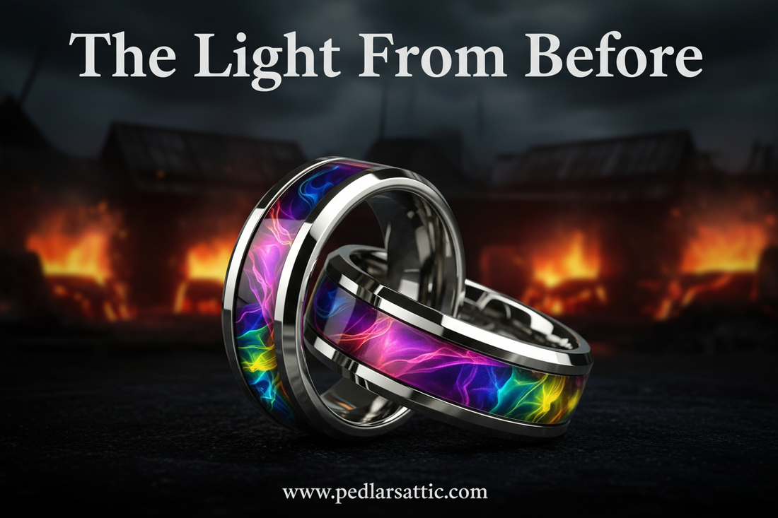 Nebula Forge Ring — 8mm stainless steel ring with rainbow galaxy nebula inlay in electric purple, magenta, green and blue, beveled polished edges, Dragonforged series from Pedlar's Attic