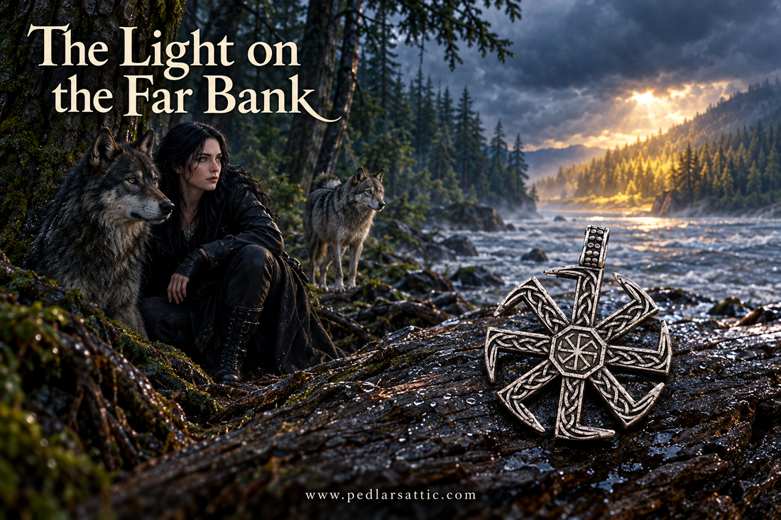 Kolovrat sun wheel pendant on wet timber beside a rushing river, with Luna, Cinder, and Ash beneath the trees and sunlight on the far bank.
