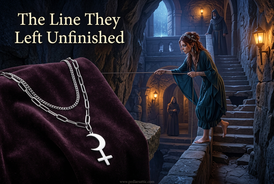 Steel-tone Dark Apogee crescent-and-cross layered necklace on a shawl, with Chelle crossing a broken stair in the Aether-Reach Observatory.