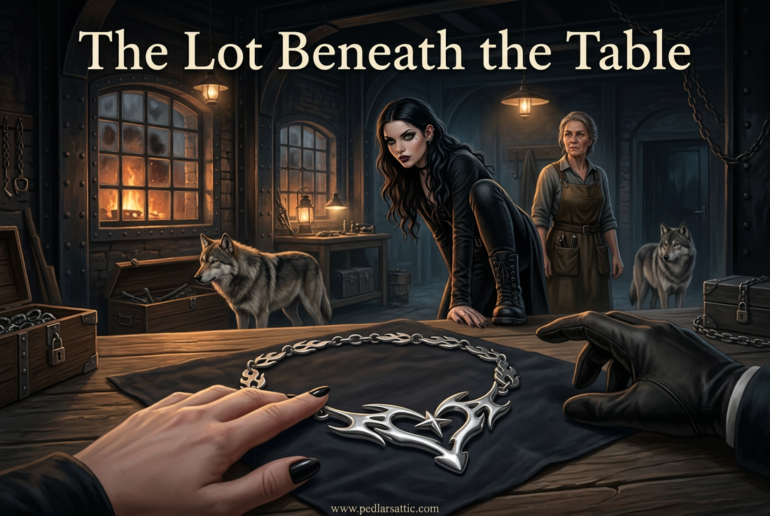 Thornfire Heart silver-tone flame-link choker on a District 9 auction table, with Luna, Cinder, and Ash in Ironspire.