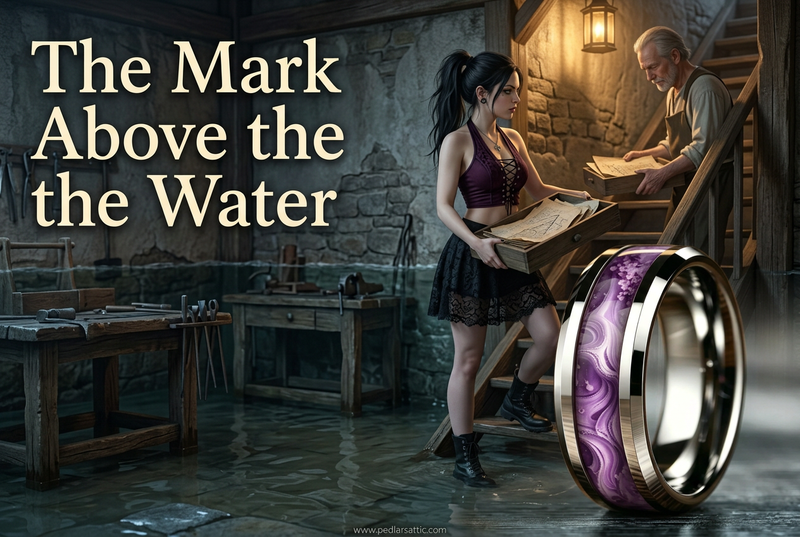 The Mark Above the Water story cover featuring the purple Stone Forge stainless steel ring and Luna carrying rescued patterns upstairs in a flooded workshop.