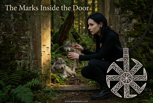 Luna wearing the antique-silver-tone Kolovrat pendant beside a marked stone doorway in Fenrisheim, with Cinder and Ash nearby.