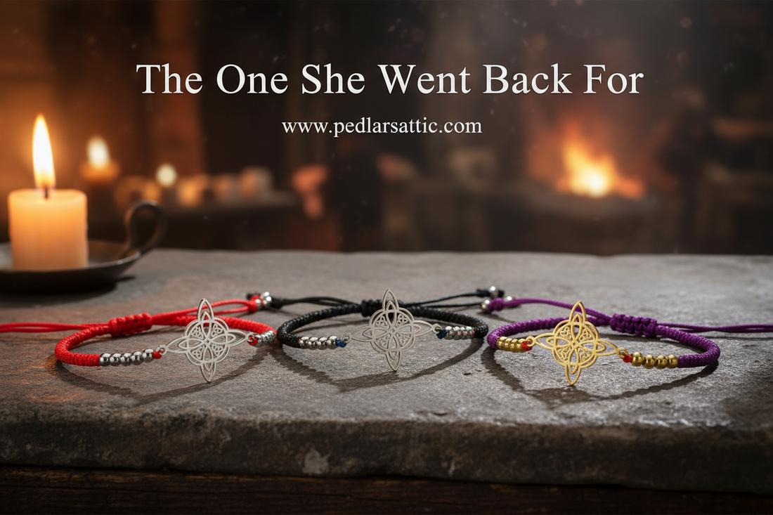 The Amulet Knot — Stainless Steel Celtic Witch's Knot Charm Bracelet in silver and gold on red, black, blue and purple wax cord, Ironspire deeper markets series from Pedlar's Attic