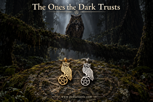 Both gold and steel tone Owl Pentacle pendants displayed on an ancient carved pentacle stone in the deep forest of the Hidden Mist Valley, a real owl watching from the branch above in the pre-dawn dark