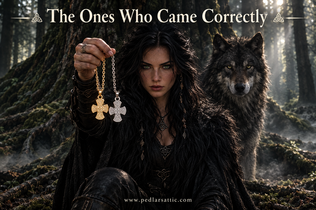 Luna stands at the roots of the great timber in Fenrisheim holding the gold and steel Covenant Knot Celtic triquetra cross pendants, Cinder the wolf watching behind her in the ancient mist-wrapped forest