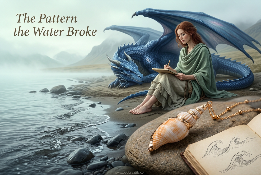 Shoreline Whisper spiral-shell necklace on a shore stone beside wave sketches, with Chelle drawing and Midnight resting by the misty water.