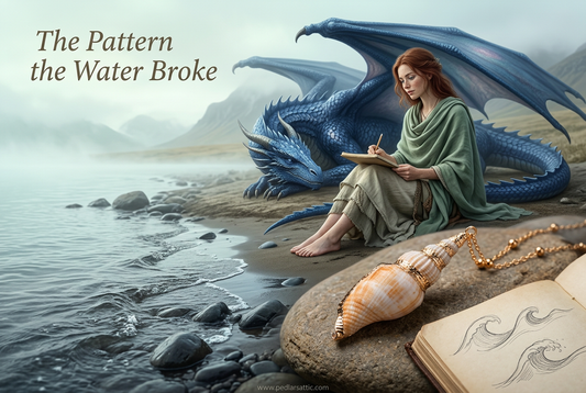 Shoreline Whisper spiral-shell necklace on a shore stone beside wave sketches, with Chelle drawing and Midnight resting by the misty water.