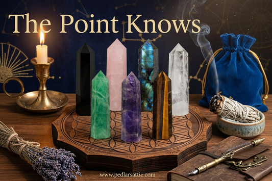 Earth's Reach — Natural Crystal Obelisk Points in seven varieties including obsidian, rose quartz, amethyst, labradorite, tiger eye, fluorite and clear quartz, displayed on a carved Flower of Life altar board with candlelight and sacred space atmosphere