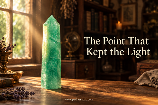 A green polished crystal obelisk point on an oak table in warm Attic window light.
