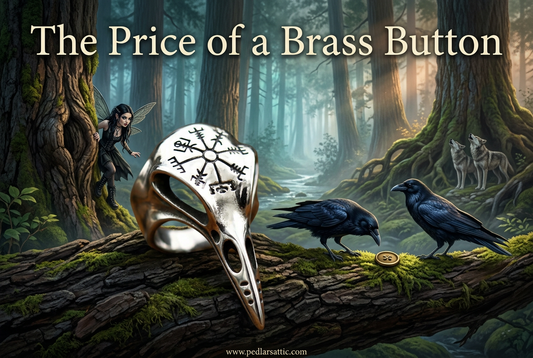 Raven’s Passage alloy bird-skull ring on a Fenrisheim tree branch, with ravens, a brass button, fairy-size Luna, and wolves below.