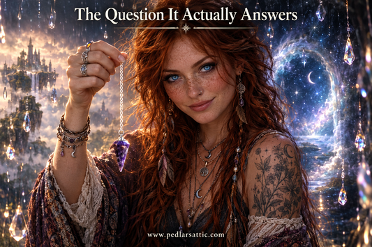 Chelle stands at the Aether-Reach threshold holding an amethyst cone pendulum on a silver chain, crystal droplets hanging mid-air in the falling rain around her, two worlds bleeding into each other in the liminal mist behind her