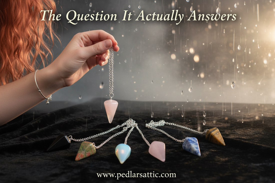 Aether-Reach Dowsing Pendulum — nine natural stone cone pendulums on silver chains in tiger eye, rose quartz, green aventurine, black agate, turquoise, sodalite, opalite, white crystal and gold stone, Aether-Reach divination series from Pedlar's Attic